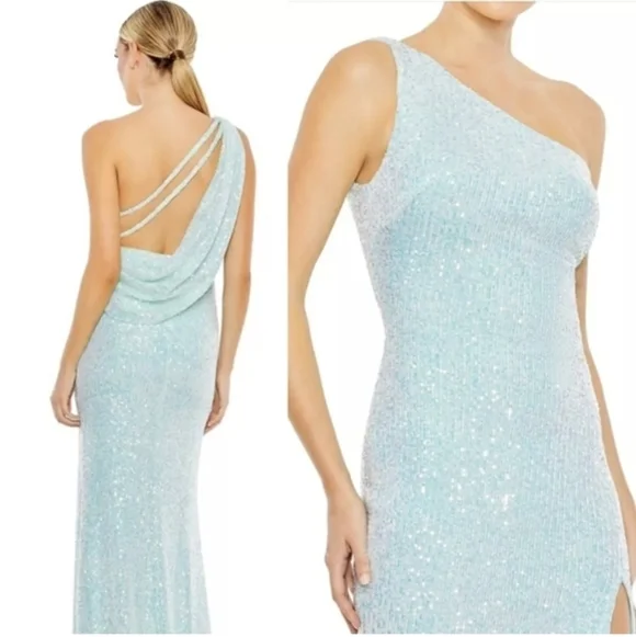Ieena For Mac Duggal Gown Womens Size 0 Icey Blue Dress Sequined One Shoulder - Picture 1 of 15